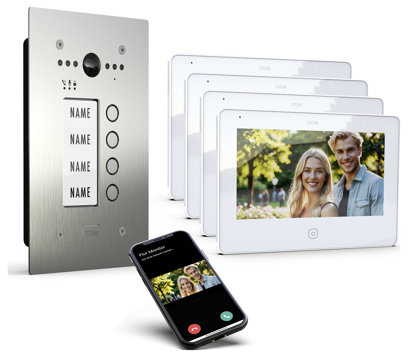 Intercomsysteem met smartphone-connectiviteit en drie binnenschermen. Toont een videogesprek met een glimlachend stel op alle schermen.