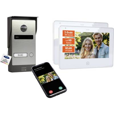 'Slim deurbelsysteem met buitenunit en videodisplay; smartphone-app toont live-camerabeeld van aangesloten camera.'