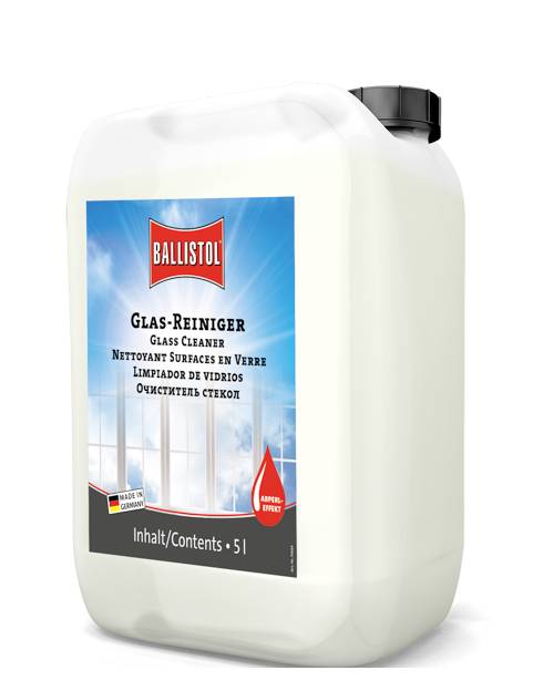 Een container met Ballistol glasreiniger met een etiket in meerdere talen, wat een inhoud van 5 liter aangeeft.