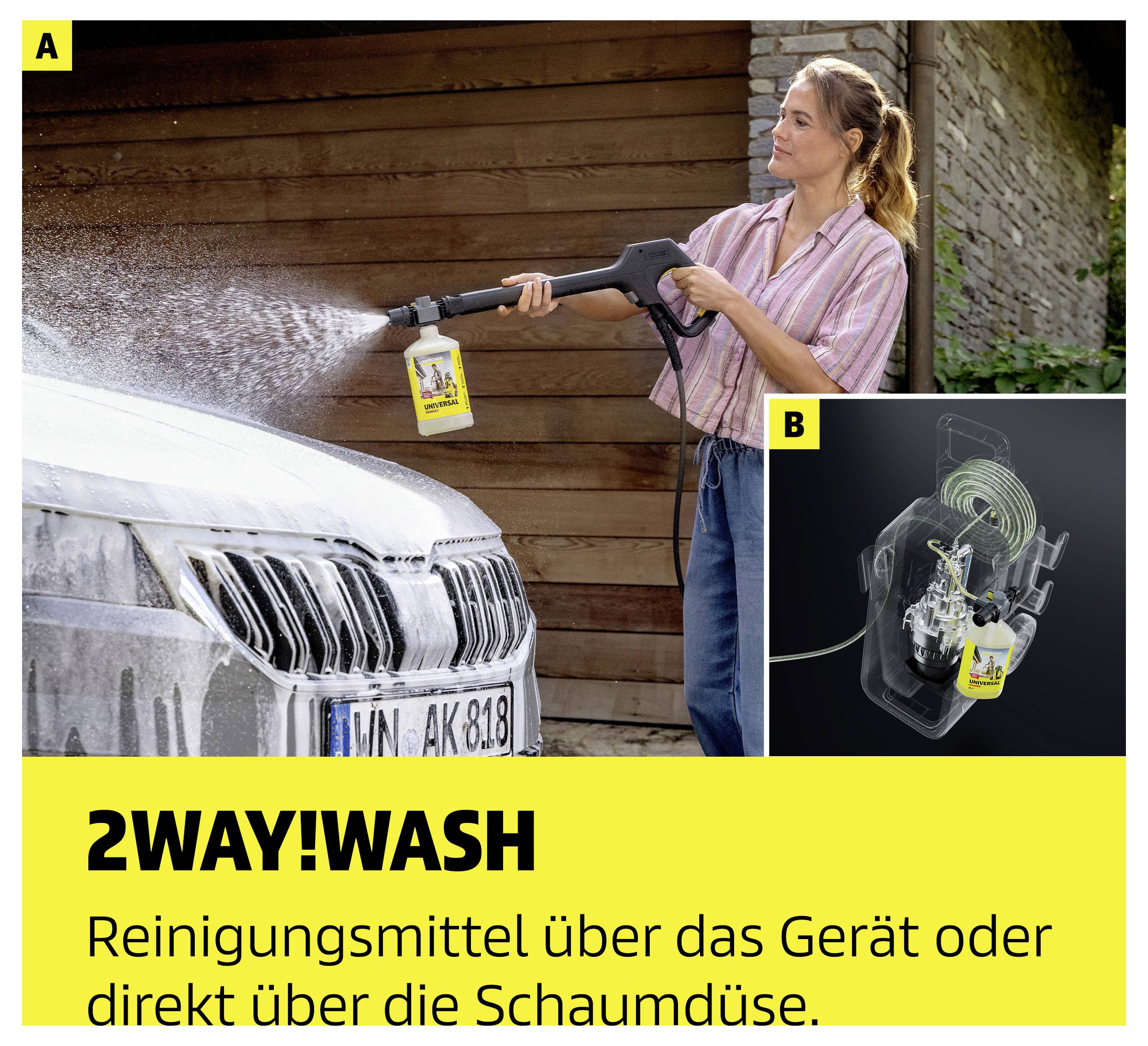 Reclamefoto: Vrouw reinigt auto met hogedrukspuiter en reinigingsmiddel; opmerking '2WAY!WASH' – middel via apparaat of schuimdüse aanbrengen.