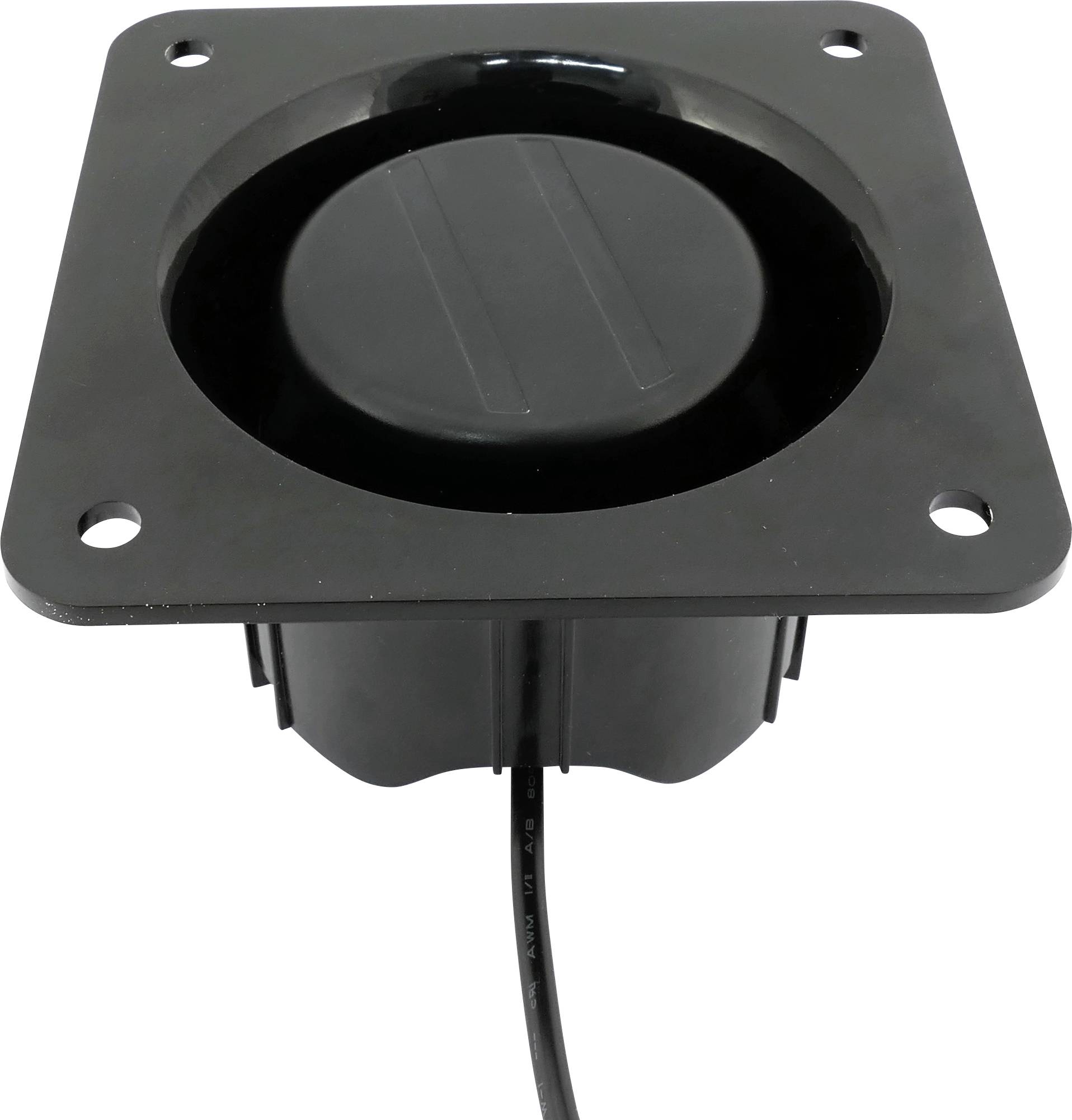 Een zwart, vierkant inbouwkastje voor de vloer met een rond deksel en een kabel die onderaan uitsteekt, ontworpen voor elektrische aansluitingen.