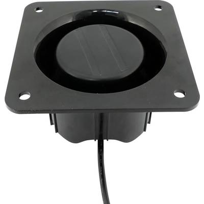 Een zwart, vierkant inbouwkastje voor de vloer met een rond deksel en een kabel die onderaan uitsteekt, ontworpen voor elektrische aansluitingen.