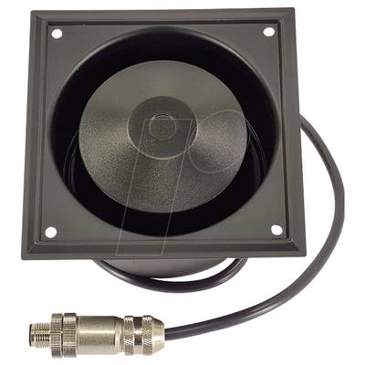 Een zwarte, vierkante ventilator met een rond middenstuk en aangesloten kabel, voorzien van een metalen stekker aan het uiteinde.