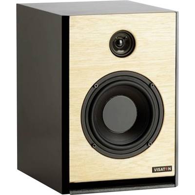 Een luidspreker in houten behuizing met een kleine tweeter boven een grotere woofer, gemerkt 'Visaton', geplaatst tegen een neutrale achtergrond.