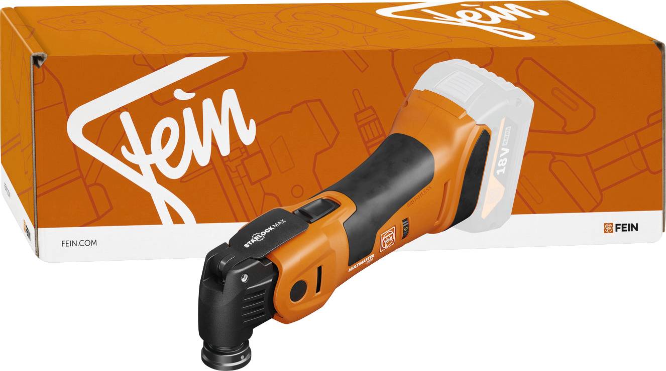 'FEIN MultiMaster' oscillerend gereedschap met een oranje en zwart ontwerp naast zijn merkgebonden verpakking.
