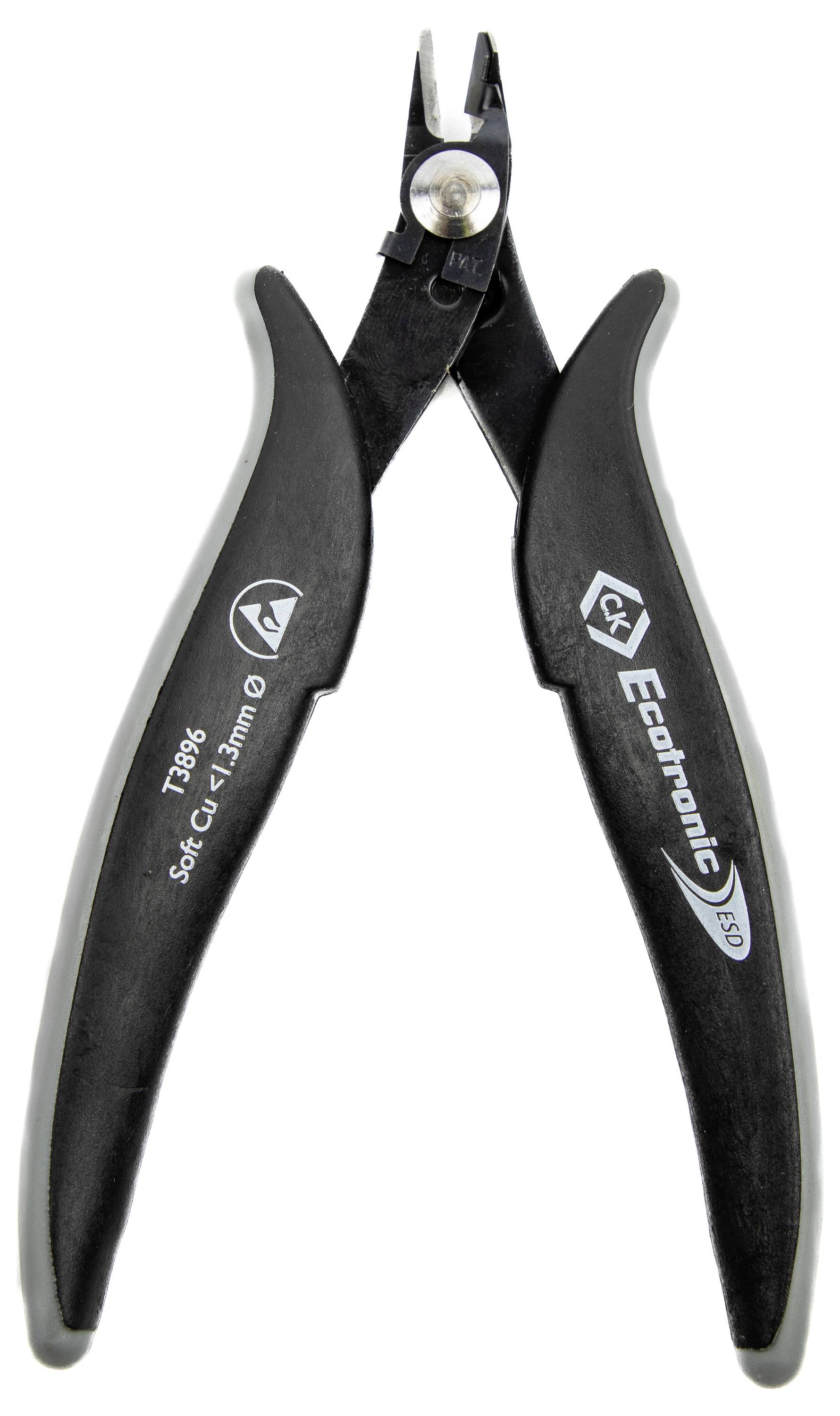 Zwarte ESD-veilige zijknipschaar met ergonomische handgrepen, ontworpen voor nauwkeurig snijden van draden tot 1,3 mm.