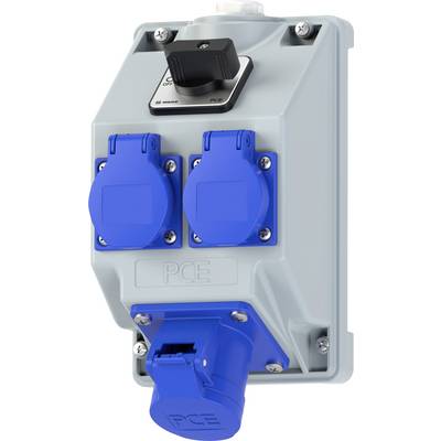 'Elektriciteit verdeeldoos met een schakelaar en drie blauwe stopcontacten met het label PCE, gebruikt voor het aansluiten van meerdere apparaten.'