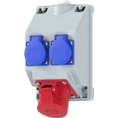 Een grijze elektrische doos met twee blauwe en één rood uitstekersocket, gelabeld 'PCE'. De doos heeft bevestigingsschroeven en is ontworpen voor industrieel gebruik.