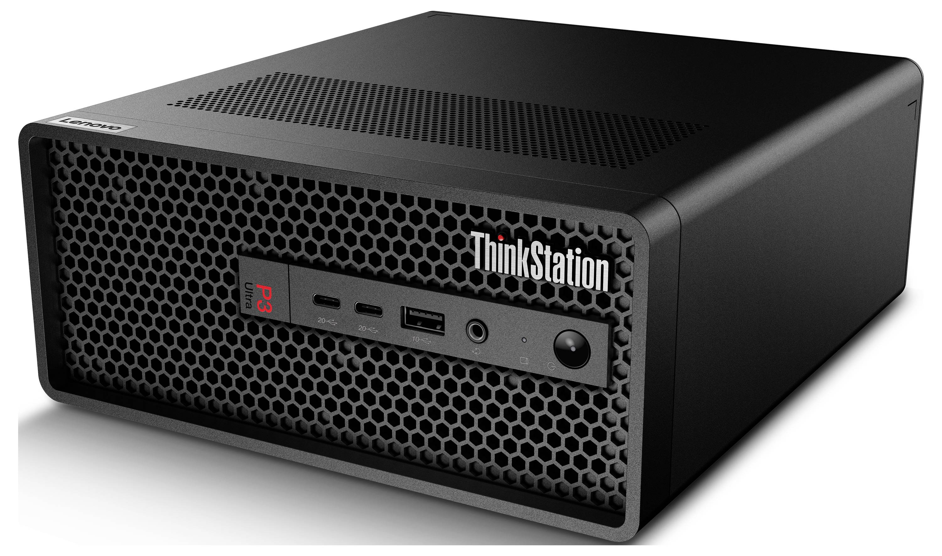 Een zwarte Lenovo ThinkStation-computer met een honingraatpatroon op het frontpaneel, voorzien van USB-poorten, audioansluitingen en een aan/uitknop.