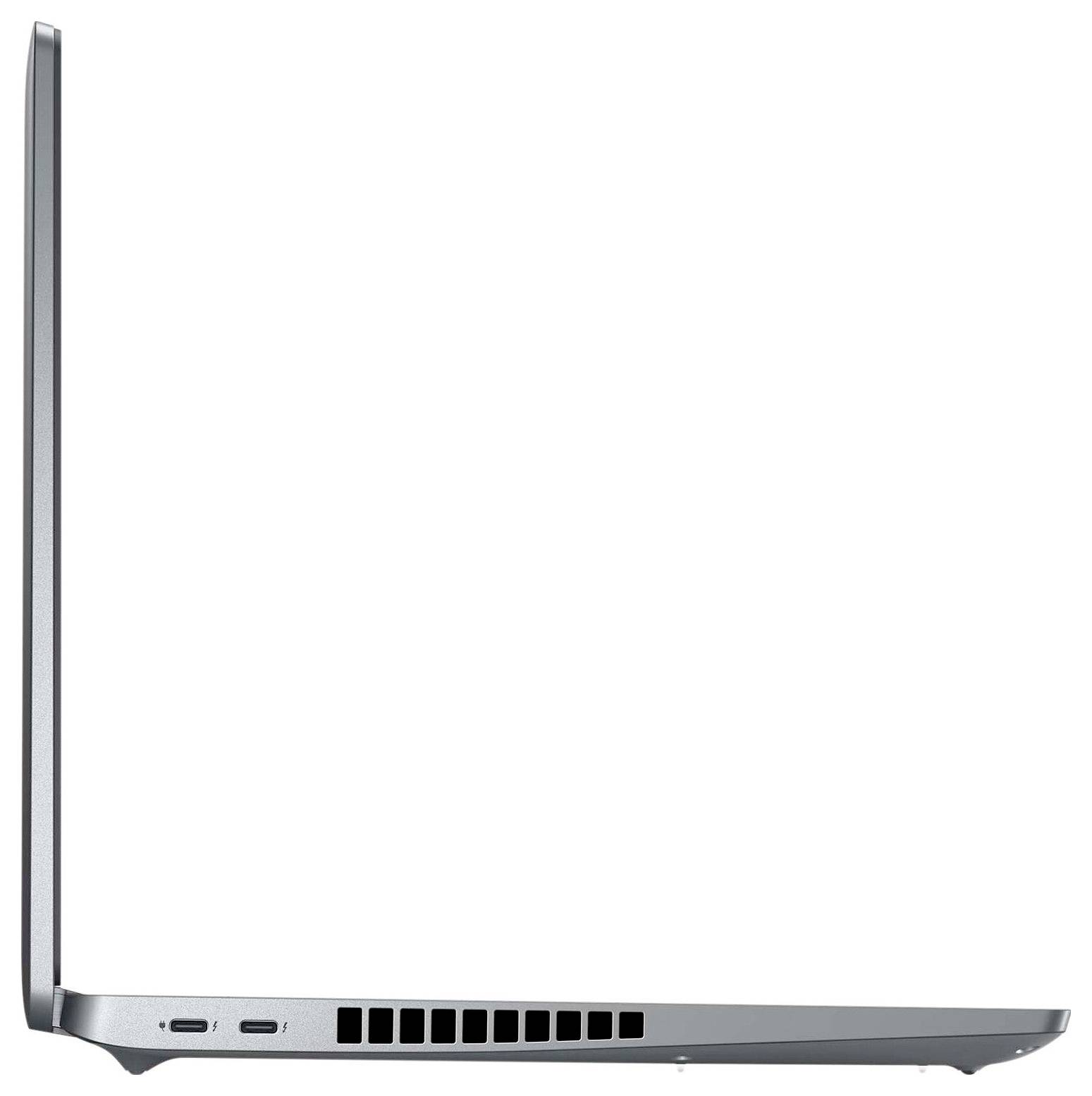 Een slanke, zilveren laptop die gedeeltelijk open staat, met zijpoorten en ventilatieroosteren zichtbaar, op een witte achtergrond.