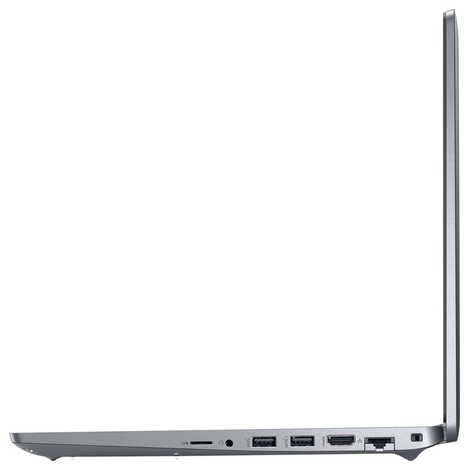 Een laptop gezien van opzij, met een dun profiel, poorten waaronder USB en HDMI, en een open deksel in een rechtopstaande hoek.