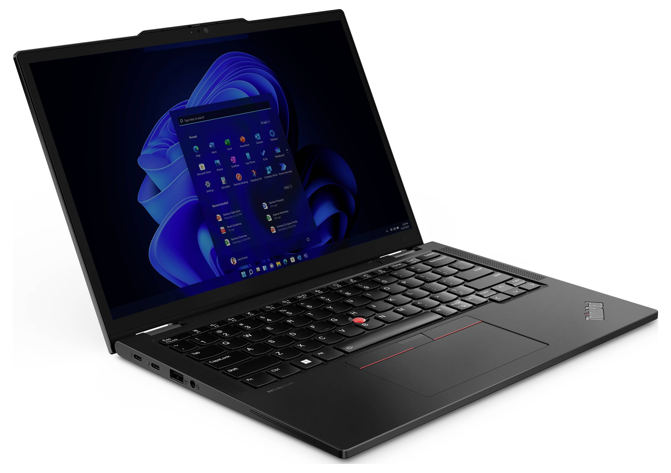 Zwarte laptop met blauw scherm en zichtbaar toetsenbord, waarop het Windows-besturingssysteem wordt weergegeven met een open startmenu met app-pictogrammen.