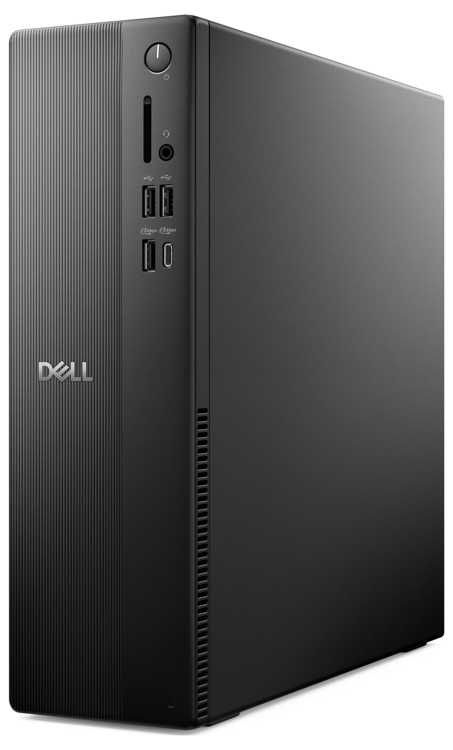 Een zwarte Dell desktopcomputertoren met meerdere USB-poorten en een slanke, modern design.