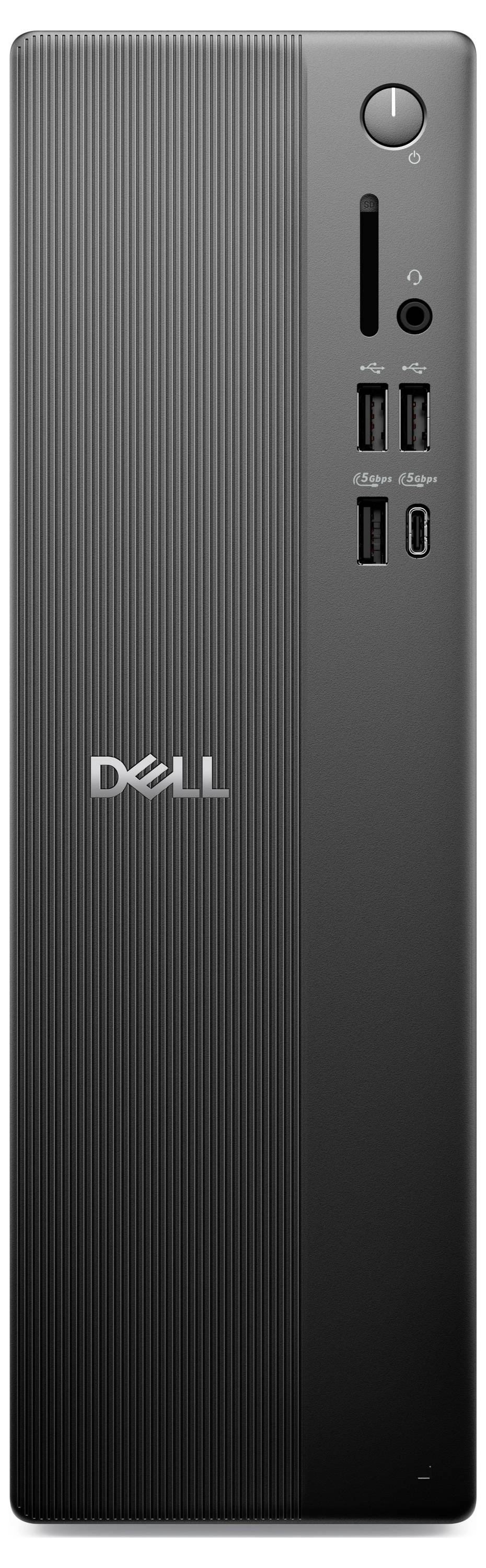 Een zwarte Dell-desktoptoren met een verticaal streeppatroon, voorzien van een aan-/uitknop, meerdere USB-poorten en een koptelefoonaansluiting aan de voorkant.