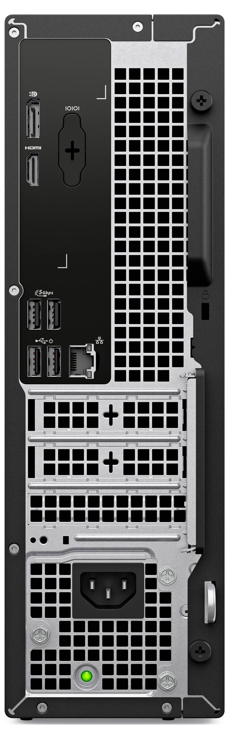 Achterkant van een computertoren met verschillende poorten, waaronder USB, HDMI, Ethernet en stroomvoeding, met ventilatieroostjes.
