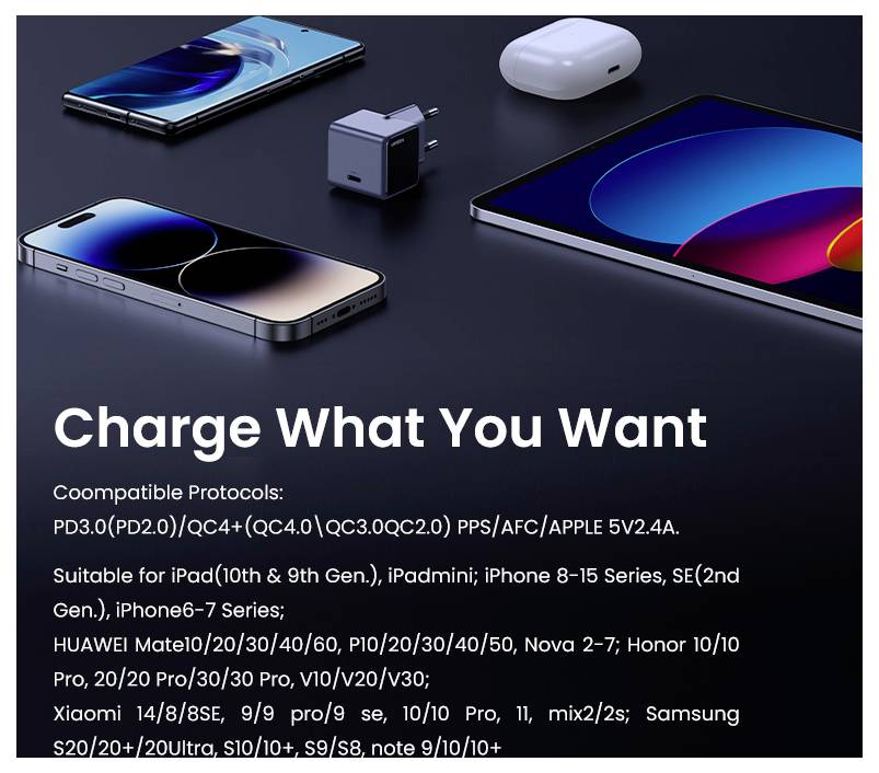 Verschillende elektronische apparaten en laders op een donker oppervlak. Tekst leest 'Laad Wat Je Wilt' met details over compatibele protocollen en apparaten.