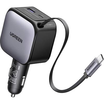 Een zwarte UGREEN autolader met een USB-C-kabel en twee poorten, ontworpen voor snelladen in het stopcontact van uw voertuig.