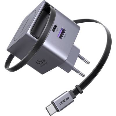 'UGREEN 45W Nexode Mini-lader met USB-C en USB-A poorten, afneembare stekker en meegeleverde USB-C kabel, zwevend op witte achtergrond.'