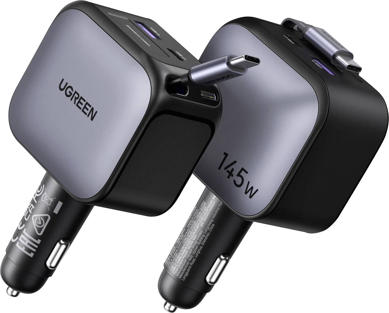 Twee zwarte UGREEN autoladers met dubbele USB-poorten, gelabeld '145W', weergegeven vanuit een zijhoek.