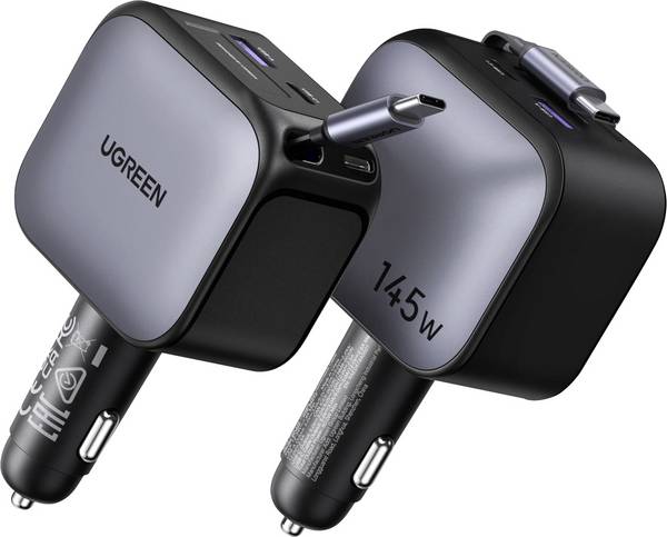 UGREEN Nexode EC604 145W Car Charger Autolader 145 W 3x USB-C, 1x USB-A QC 4+, USB PD 3.0 Grijs Auto, Vrachtwagen Opwikkelbare USB-C-kabel