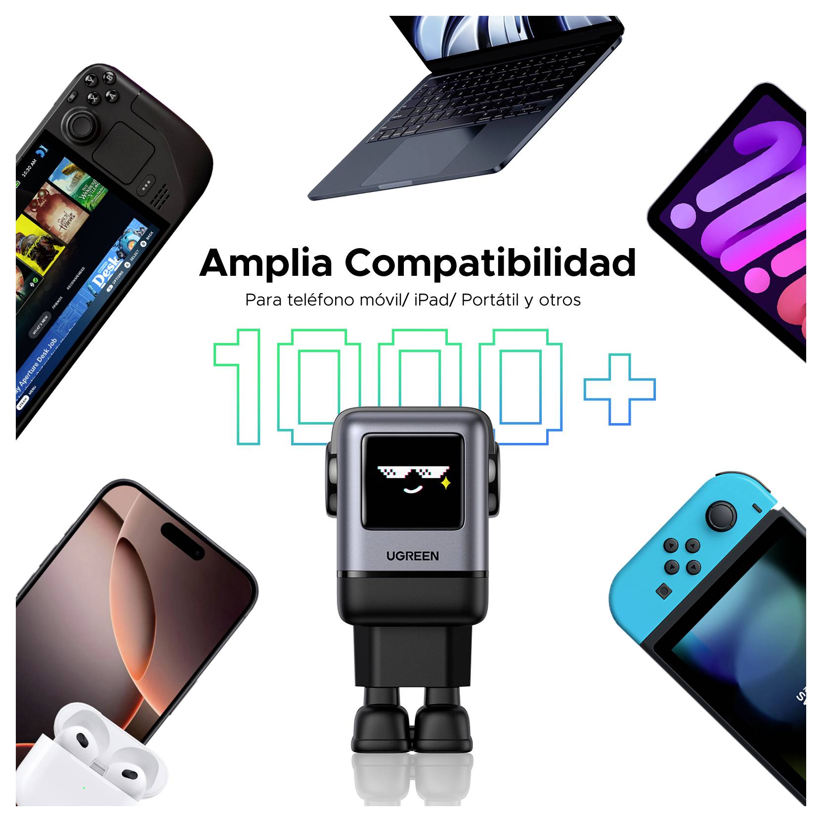 Een collage met verschillende elektronische apparaten, waaronder een smartphone, laptop, oordopjes en gamingconsoles, met het label 'Amplia Compatibilidad'.