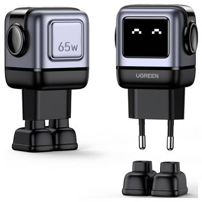 'Ugreen 65W-oplader met twee verwisselbare stekkertypen, met een compact, blokachtig ontwerp en een digitaal display.'
