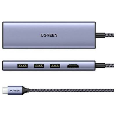'UGREEN' USB-C-hub met drie USB-A-poorten en een HDMI-poort, weergegeven in boven- en zijkanten.