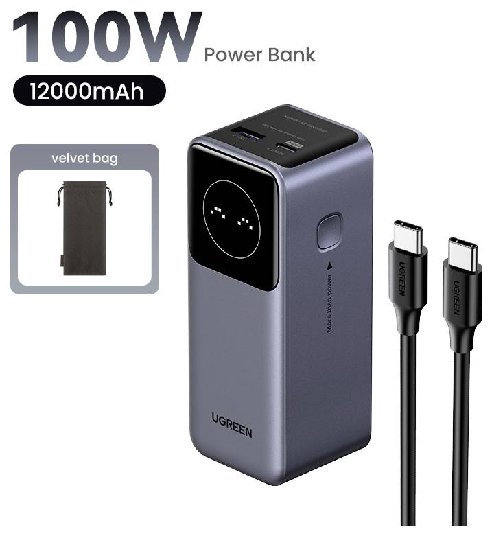 Een powerbank van 100W met een capaciteit van 12000mAh, uitgerust met twee USB-poorten en een LED-display. Inclusief een fluwelen tas en twee USB-C-kabels.