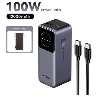 Een powerbank van 100W met een capaciteit van 12000mAh, uitgerust met twee USB-poorten en een LED-display. Inclusief een fluwelen tas en twee USB-C-kabels.