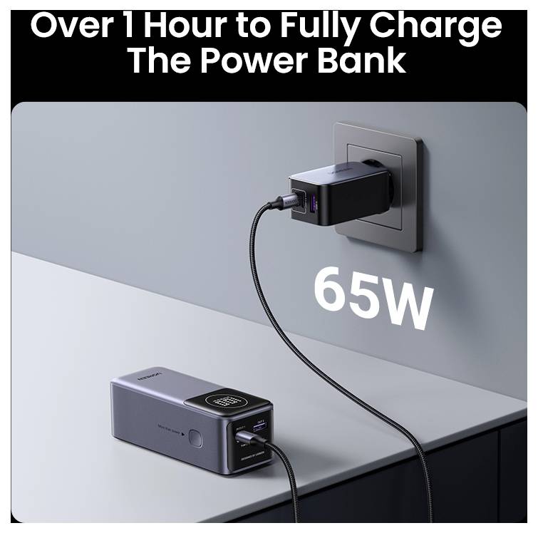 '65W Snel opladen' tekst boven afbeelding van een powerbank met een aangesloten kabel, waarbij een laadsymbool en '65W' tekst eronder worden weergegeven.