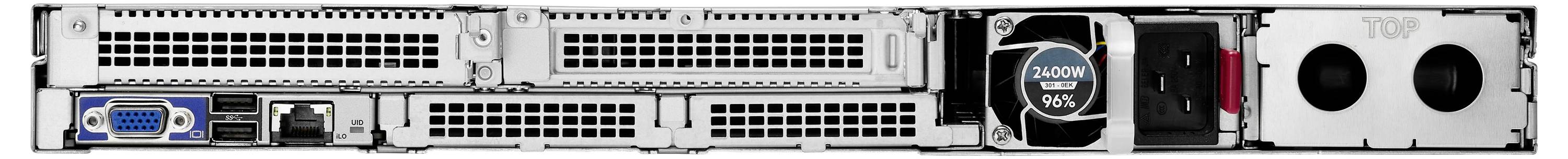 Vooraanzicht van een serverrek met ventilatieroosters, aan-uitknop, LED-indicatoren en poorten voor netwerkconnectiviteit en gegevensoverdracht.