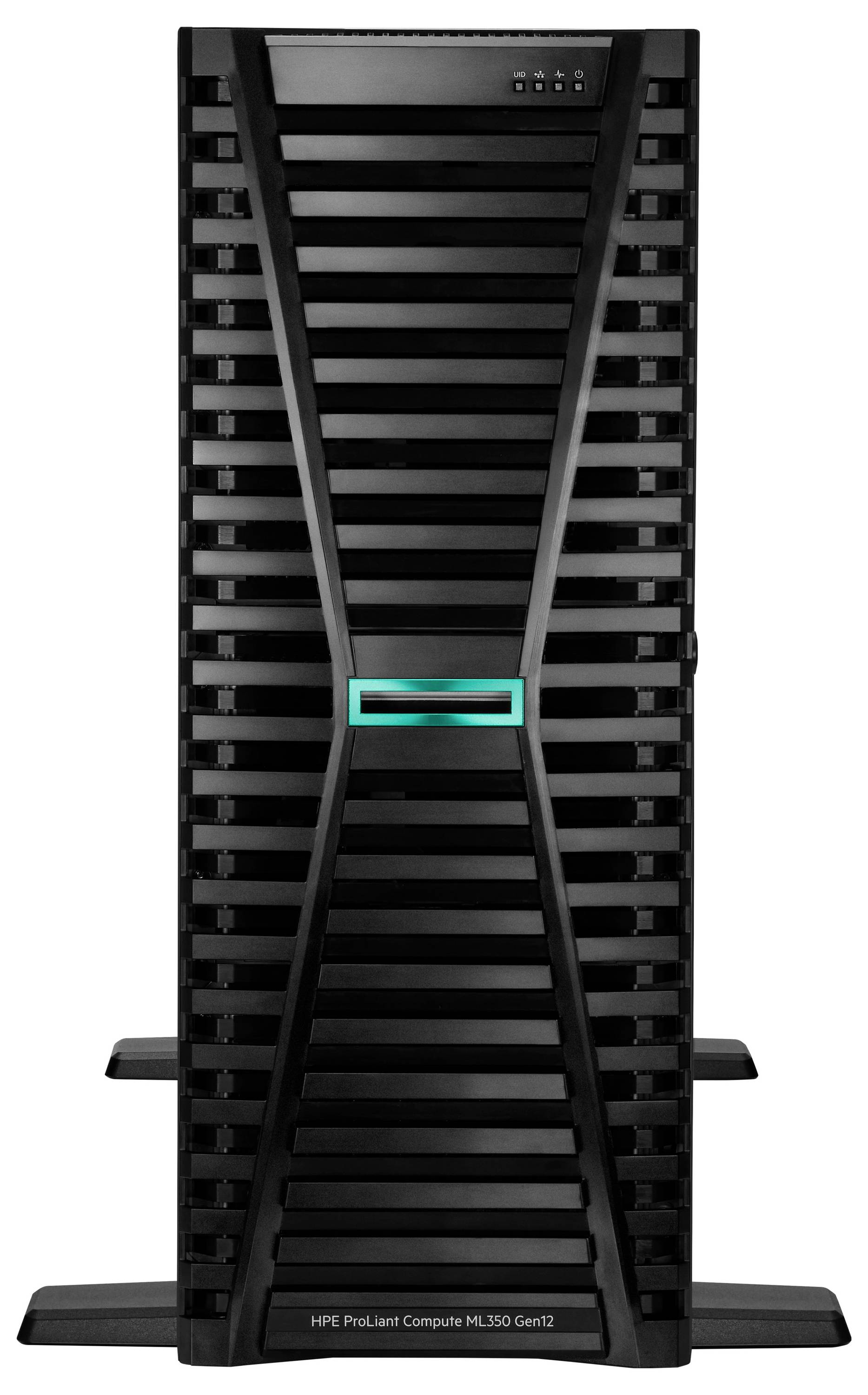 Een zwarte HPE ProLiant-servertower met verticale ventilatiespleten. Het model 'ML350 Gen10' is met een label aan de onderkant aangegeven.
