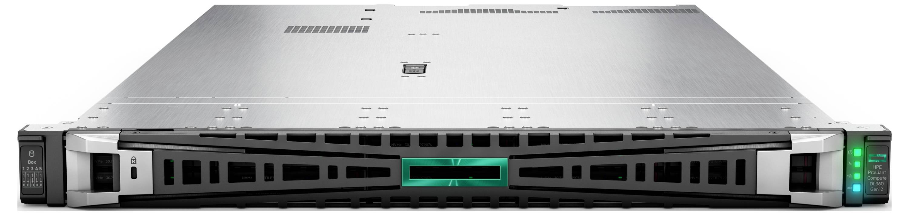 Een zilveren in een rek gemonteerde server met LED-indicatoren aan de voorkant, wat duidt op actieve netwerk- of stroomstatus.