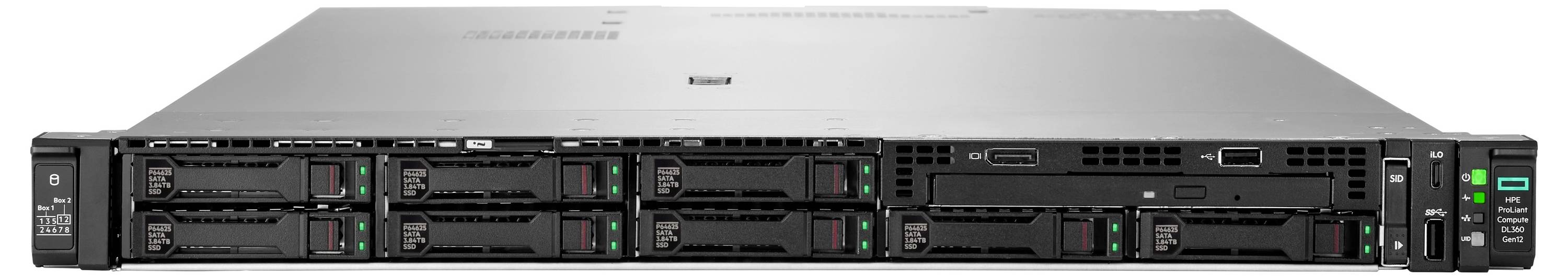 Een in een rek gemonteerde server met meerdere hardschijfopeningen en poorten op het frontpaneel, ontworpen voor gegevensopslag en netwerktoepassing.