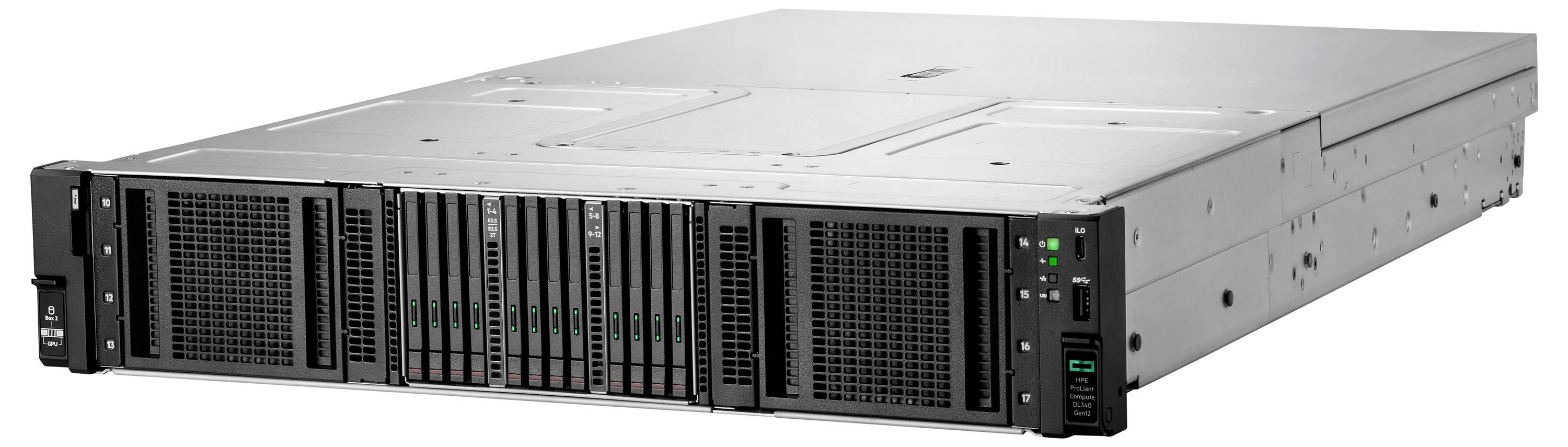 Een zilveren, rechthoekige serverunit met meerdere naar voren gerichte schijfsleuven en statuslampjes, geschikt voor bedrijfsgegevensopslag en -verwerking.