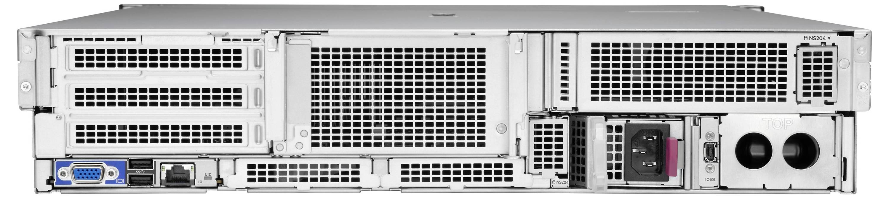 Achterkant van een server met meerdere poorten, voedingseenheden en ventilatierooster.