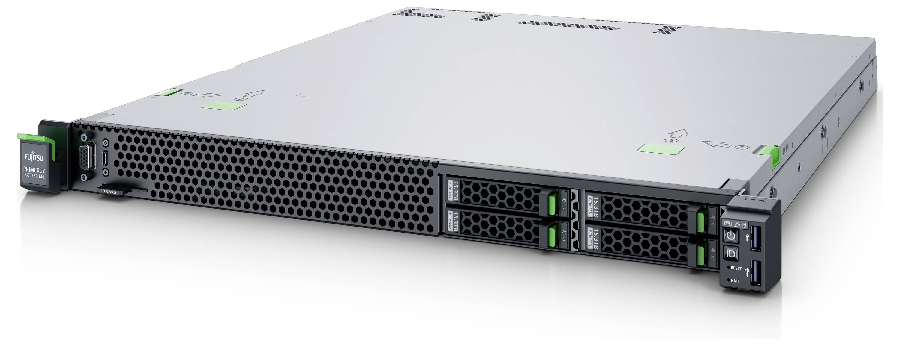 Een slanke, zilveren in een rek gemonteerde server met voorkant-toegankelijke aandrijfschachten wordt weergegeven; deze bevat groene accenten en poorten op het frontpaneel.