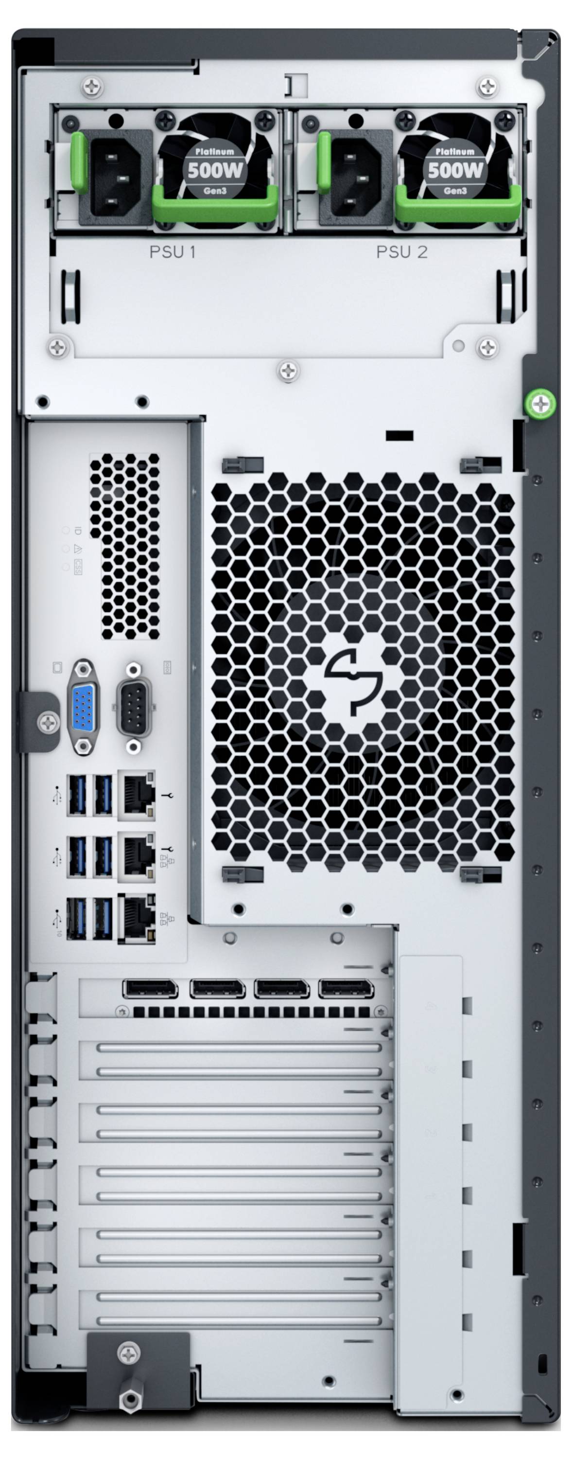 De achterkant van een computersevertor met poorten, koelventilator en dubbele 500W voedingen voor connectiviteit en stroomverdeling.