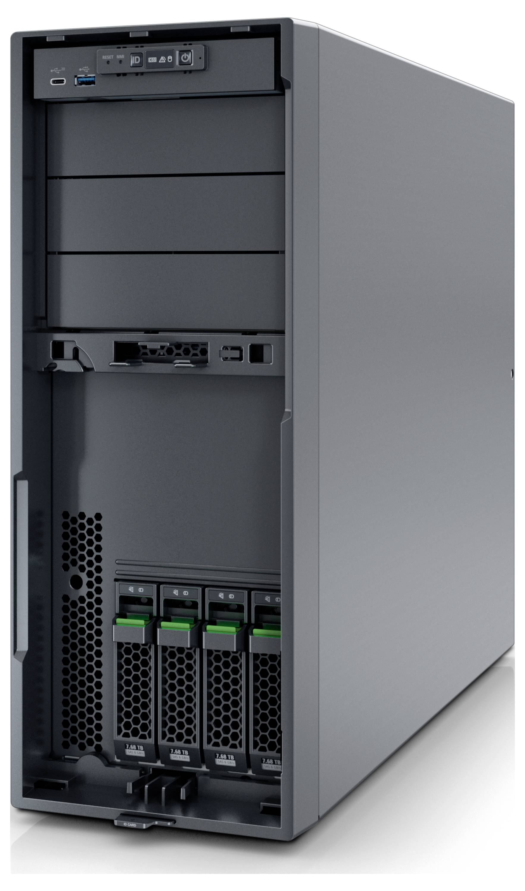 Een grijze computerservertower met meerdere bays en poorten, met vier groen gelabelde schijfsleuven aan de onderkant van de voorkant.