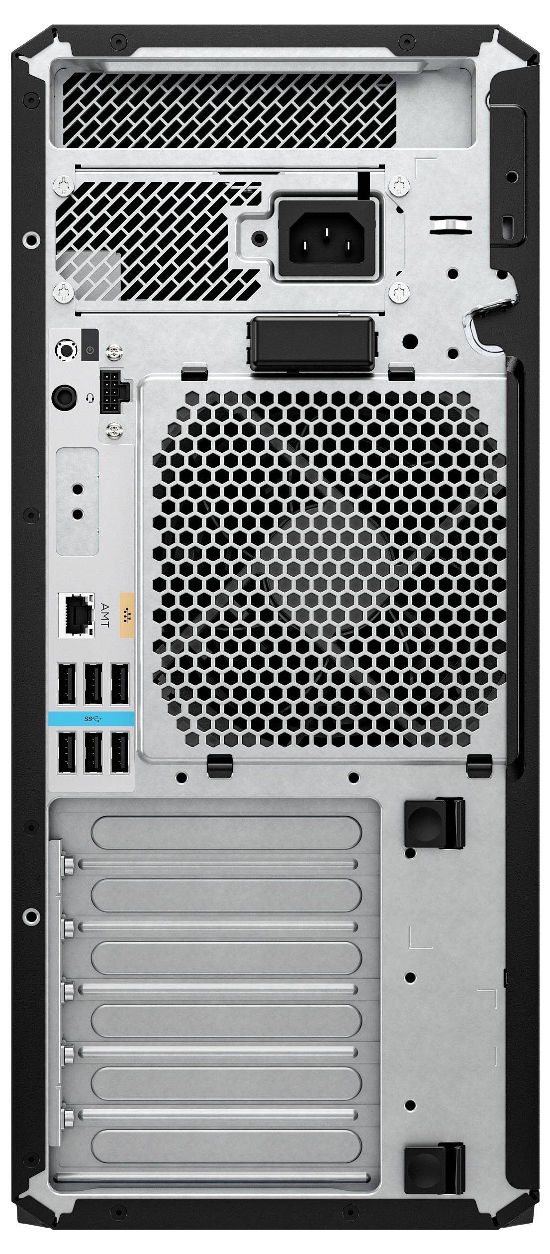'Achterkant van een computerbehuizing met verschillende poorten, waaronder USB, audio-aansluitingen en voeding. Luchtopeningen en uitbreidingssleuven zijn zichtbaar.'