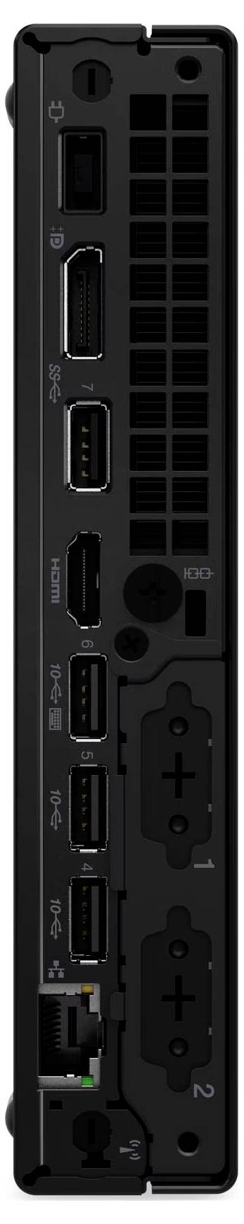 De afbeelding toont het achterpaneel van een computer met verschillende poorten, waaronder USB, HDMI, Ethernet, DisplayPort en stroomverbindingen.