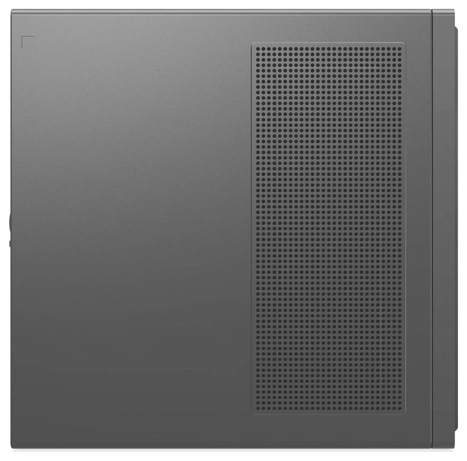 Een grijze, rechthoekige computerbehuizing met een geventileerd paneel aan de zijkant voor luchtcirculatie, waarschijnlijk bedoeld om computeronderdelen in onder te brengen.