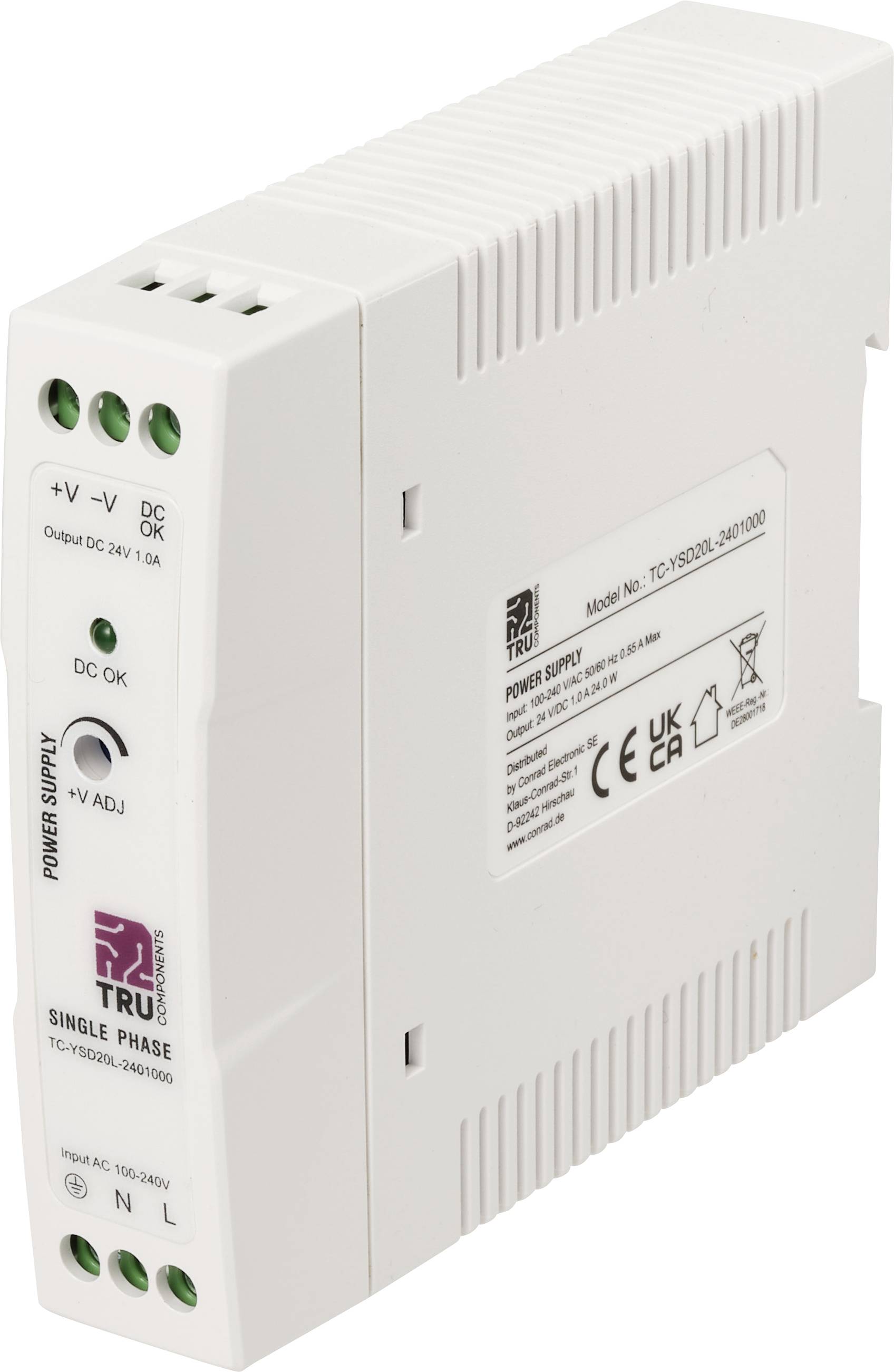 Witte DIN-rail voedingseenheid met groene aansluitblokken en regelknop, gelabeld TRU en 'Power Supply' met DC-uitgangindicatoren.