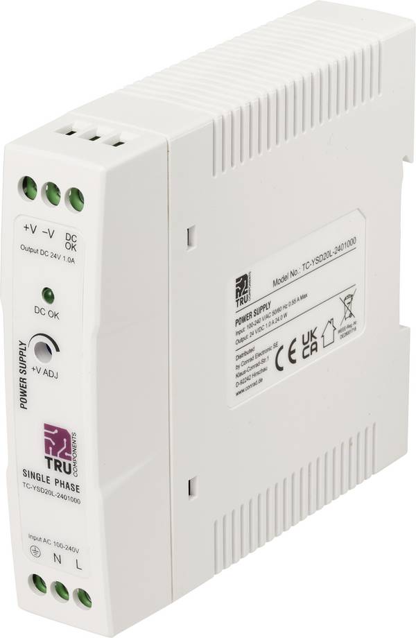 TRU COMPONENTS TC-14382284 DIN-rail netvoeding Verbruik (stand-by) 0.5 W 24 V/DC 1 A 24 W Aantal uitgangen:1 x  Inhoud 1 stuk(s)