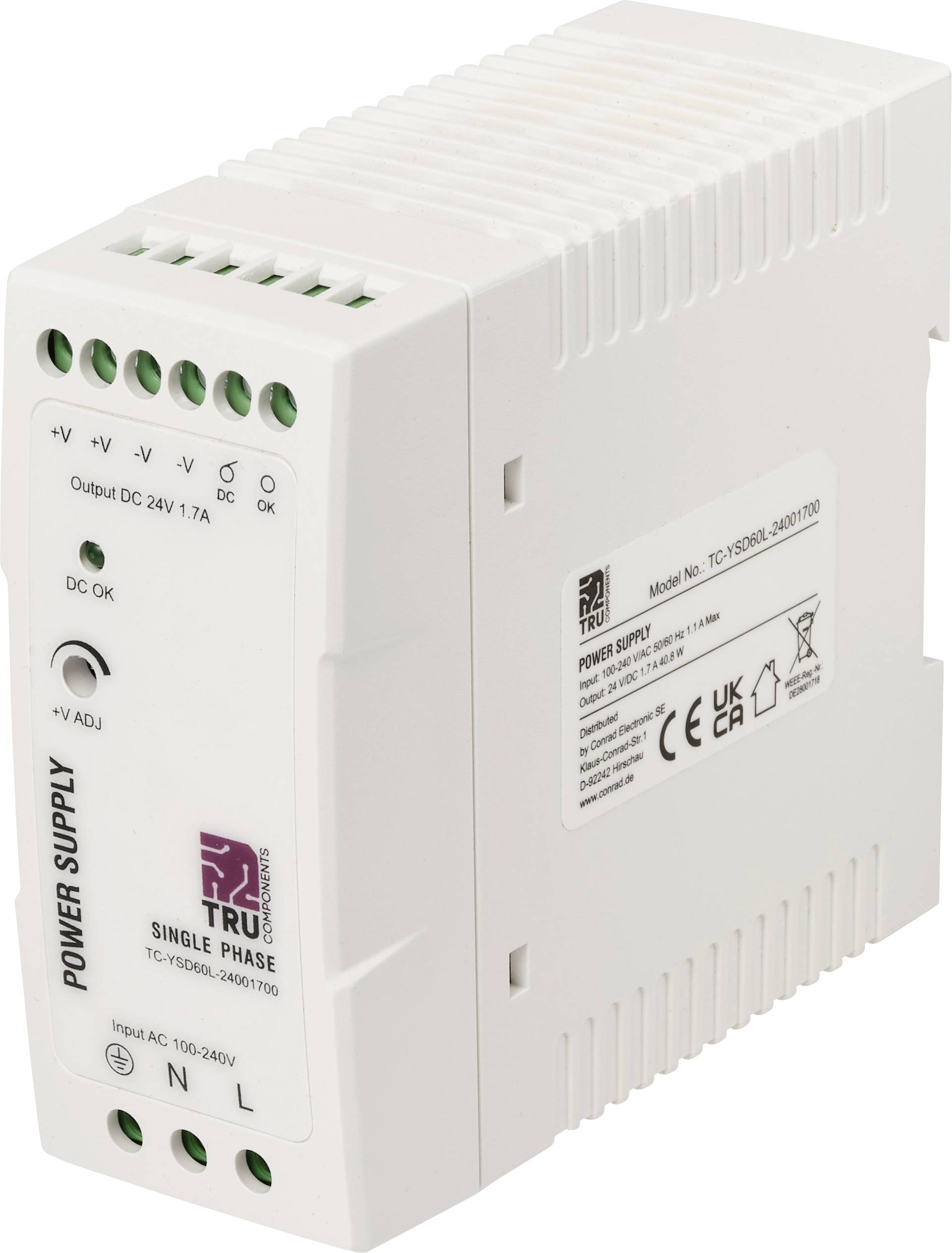 Witte industriële voedingseenheid met aansluitschroeven en labels voor DC-uitgang, AC-ingang en statusindicatoren.