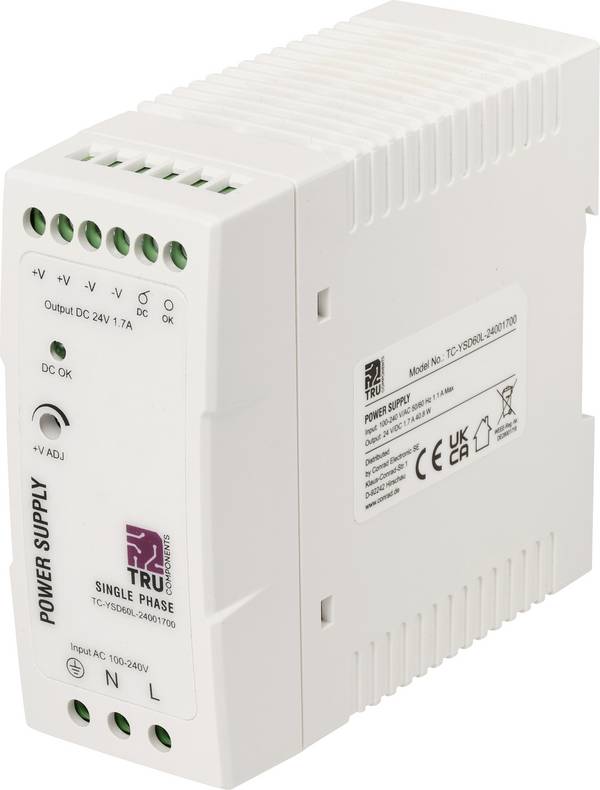 TRU COMPONENTS TC-14382292 DIN-rail netvoeding Verbruik (stand-by) 0.7 W 24 V/DC 1.7 A 40.8 W Aantal uitgangen:1 x  Inhoud 1 stuk(s)