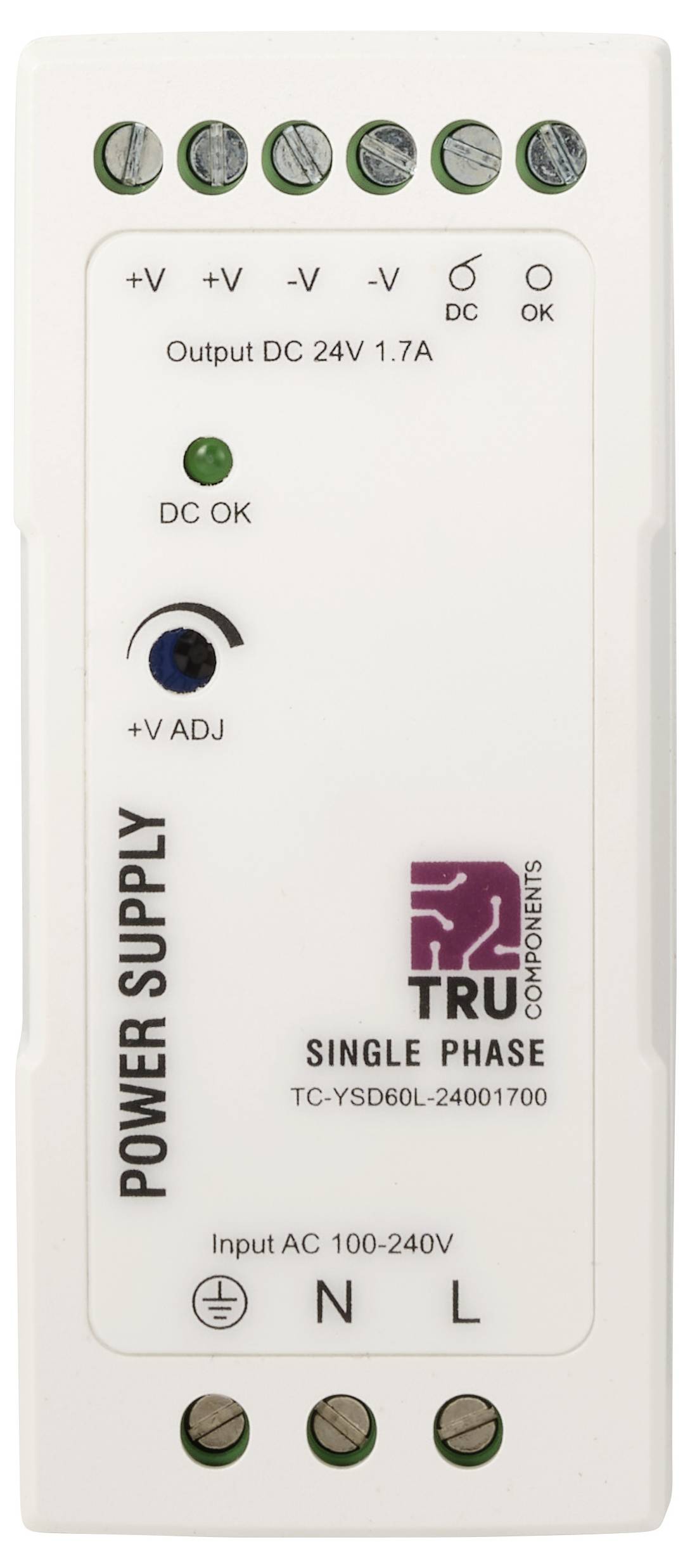 Witte eenfase voedingsmodule met label 'TRU COMPONENTS' met aansluitingen voor AC-ingang, 24V DC-uitgang en een DC OK-indicator