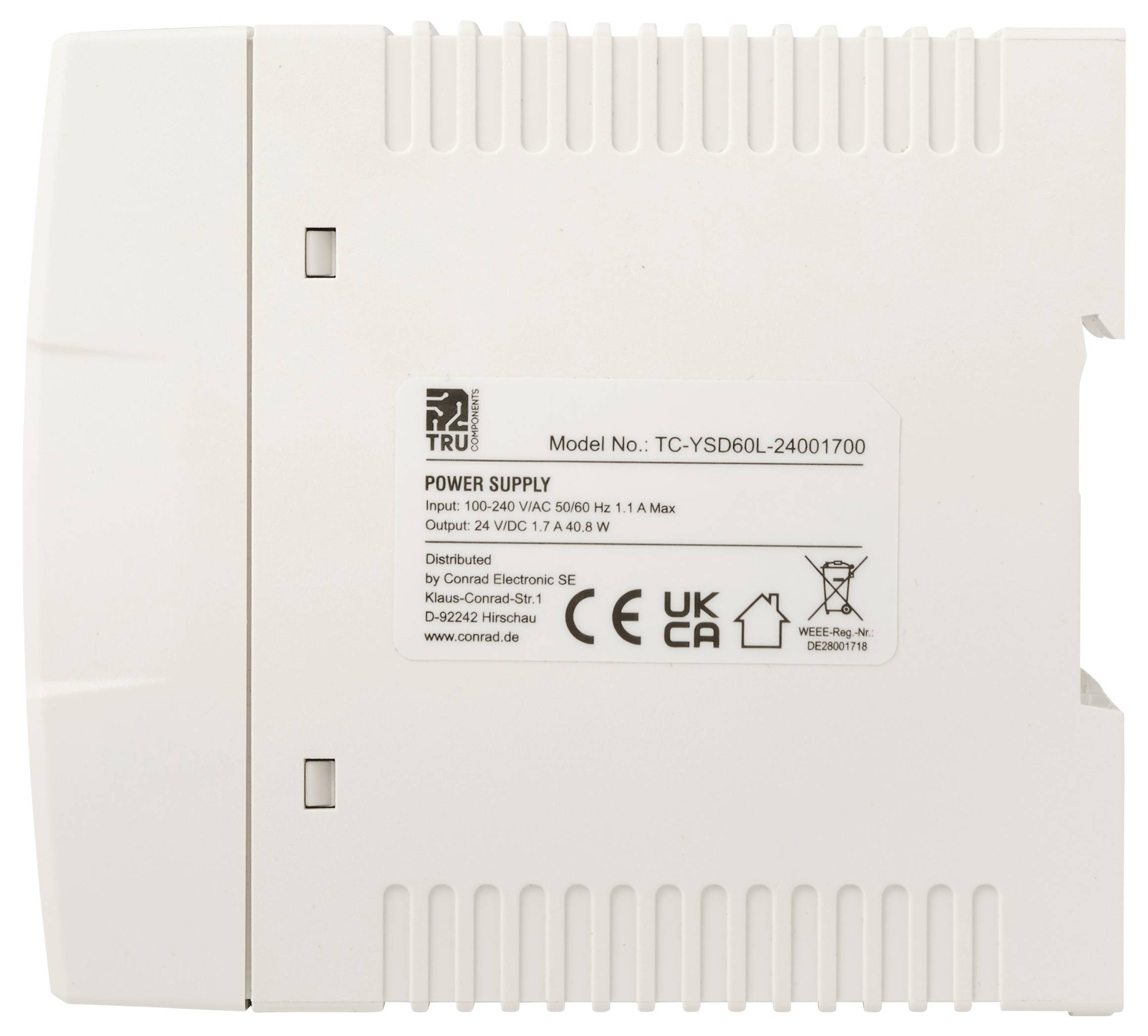 Witte elektrische voeding met het label 'Model No. TC-YSD60L-24001700' met ingang 100-240V AC en uitgang 24V DC, 1.7A.