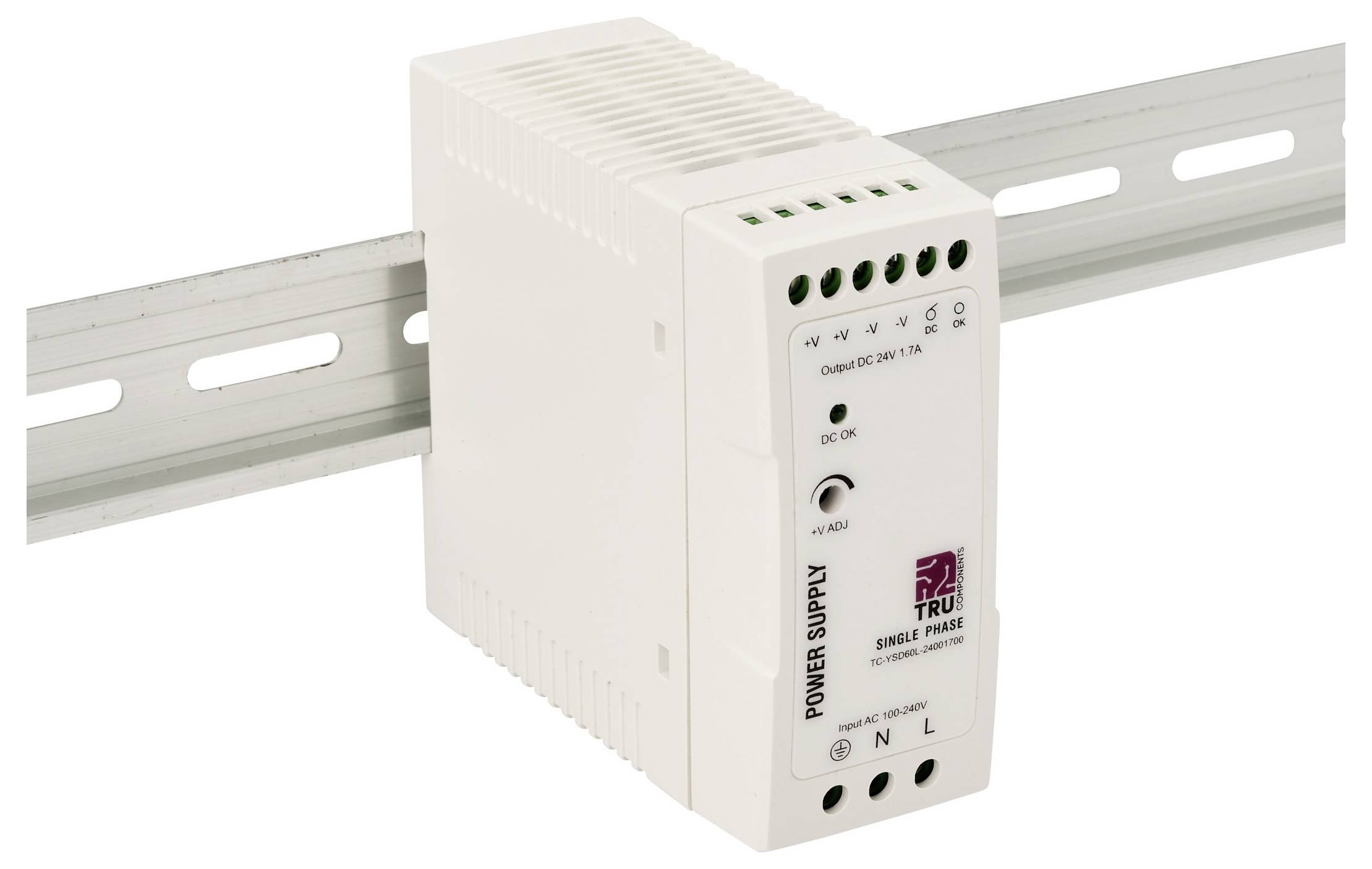 DIN-rail gemonteerde witte voedingseenheid met frontaanwijzingslampjes en gelabelde aansluitklemmen, weergegeven op een metalen montagerail.