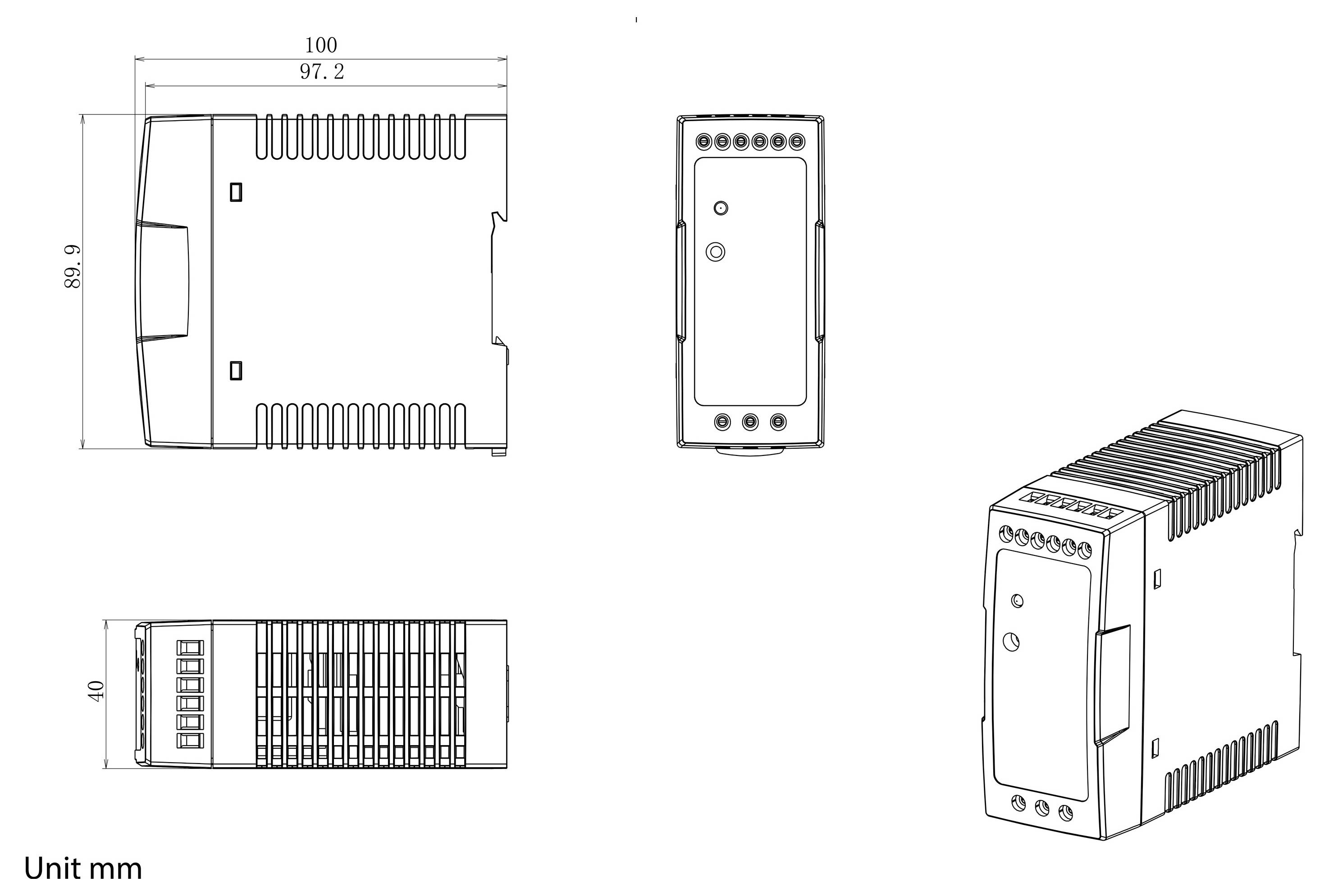 Technische tekening van een rechthoekig elektronisch apparaat met voor-, zijde-, bovenaanzicht en isometrische weergaven; afmetingen weergegeven in millimeters.